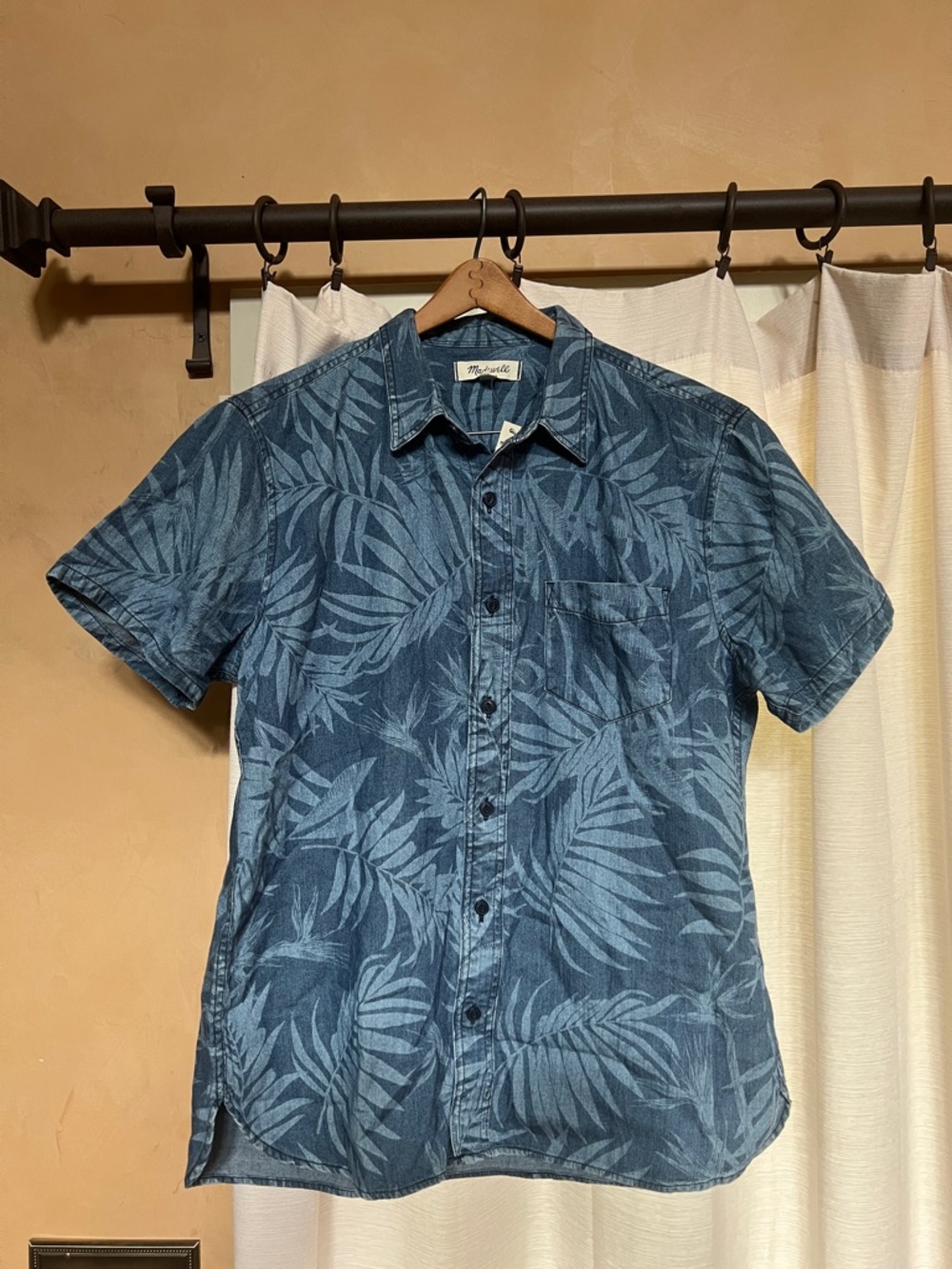 Madewell Blue Leaf-Print Short Sleeve Button-Down Shirt NWOT